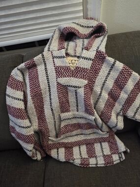 Striped Hooded Baja Pullover - Maroon & Cream